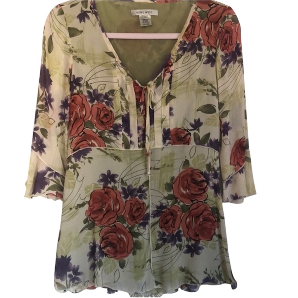Nine West 100% Silk Sage Blouse w/purple,pink,green & red Floral design Size 2 - Picture 1 of 8
